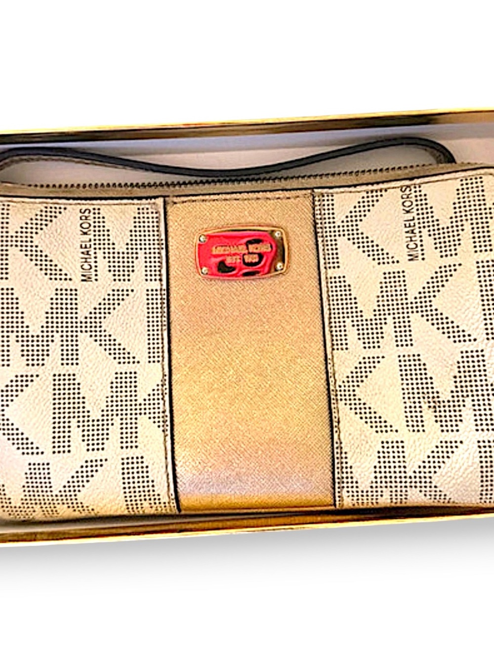 Michael Kors Beige and Gold MK Logo Wristlet Clutch